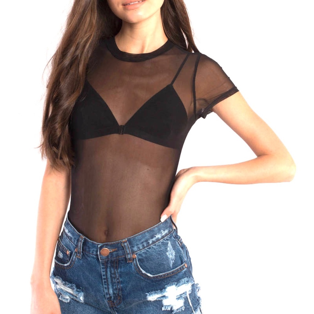 Cosabella Black ShowOff Sheer Mesh Short Sleeve T-Shirt with Star Pasties